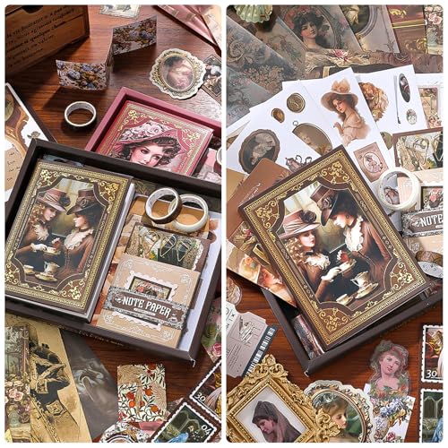 Scrapbook Supplies Kit, Vintage Junk journaling Supplies, Scrapbooking Kit | Stationary Set with Aesthetic Ephemera Stickers, Bullet Journaling Kit, Collage Craft Supplies Gift for Adults Women Starter - color: Regal Ornate Vintage