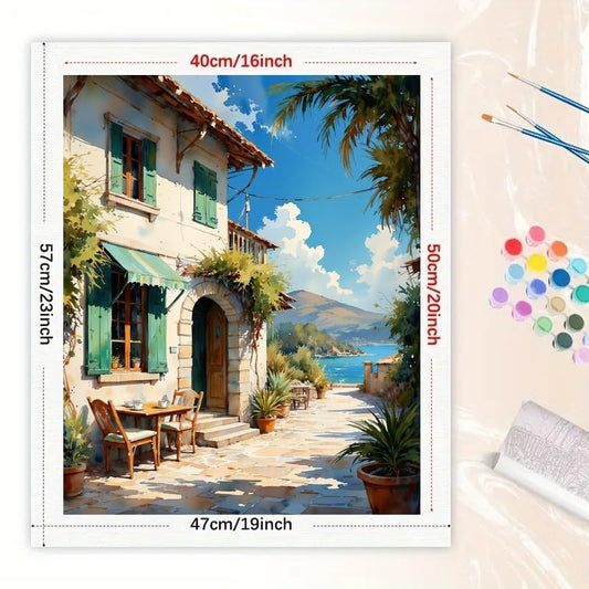 Seaside Paint by Numbers Kit for Adults – DIY Coastal House with Green Shutters Painting on Canvas 16x20 Inches, Acrylic Paint Set, Suitable for Beginners, Outdoor Art for Home Decoration or Gifts - color: HSX00507, size: 16X20IN Folded