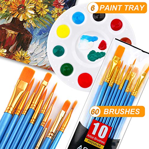 AROIC Paint Brush Palette Set, 6 Packs of 60 Brushes and 6 Tray Palettes - size: 60 Brushes 6 Palettes
