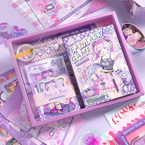 Auguro Scrapbook kit for Girls A6 Grid Kawaii notebooks Stationery Junk Journal Kit Scrapbooking Supplies kit Craft DIY Gift for Adult Teen Girl Cute Bullet Journal - color: purple