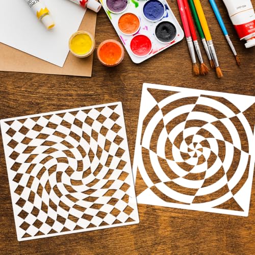 9 Pieces Abstract Geometric Stencil Set, Reusable Plastic Optical LiNE 3-D Illusion Stencil Sphere & Line Modern Wall Stencil Painting Templates for DIY Art, Scrapbooking, Drawing, Wall & Floor Decor