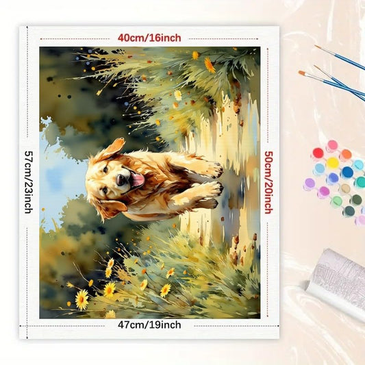 Golden Retriever Pathway Paint by Numbers Kit for Adults - DIY Dog Running Through Flowers Painting on Canvas 16x20 Inches, Acrylic Paint Set, Suitable for Beginners, Animal Art for Home Decoration - color: FM04173, size: 40×50cm Unframed