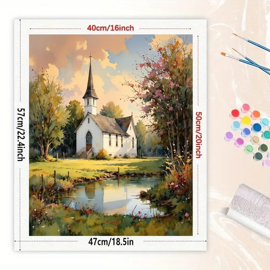 Country Church Landscape Paint by Numbers Kit for Adults - DIY Chapel Scene Painting on Canvas 16x20In, Acrylic Paint Set, Suitable for Beginners, Art for Home Decoration or Gifts - color: HSX03161, size: 16X20IN Folded
