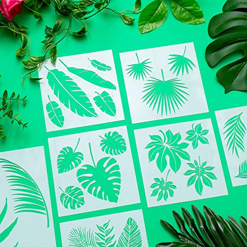 Tenare 9 Pieces Reusable Painting Stencil Plastic Paint Stencils Summer Pattern Drawing Templates Reusable Craft for Painting (Leaves) - style: Tropical