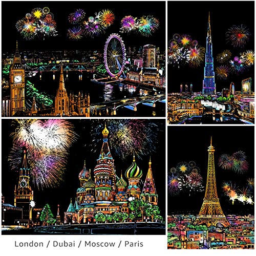 8-Sheet Rainbow Scratch Art with Tools for Adults & Teens, A4 Landmarks - color: Gray