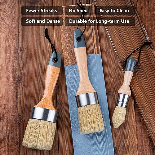 Mister Rui Chalk Wax Paint Brush 3 pcs, Large Wax Brush for Furniture | Stencil Brushes for All in One Paint Acrylic Paint, Cabinets, Natural Bristles, 1 Small Round Brush and 2 Large Oval Brushes - size: 3PCS, 1 Large, 1 Medium, 1 Small