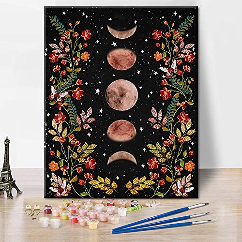 TUMOVO Paint by Numbers for Adult Moonlit Garden Painting by Number Flower | 16"x20" Unframed Canvas with Acrylic Paints and Brushes, Full Moon and Flowers Black DIY Gift for Adults, Relaxing - color: Moonlit Garden
