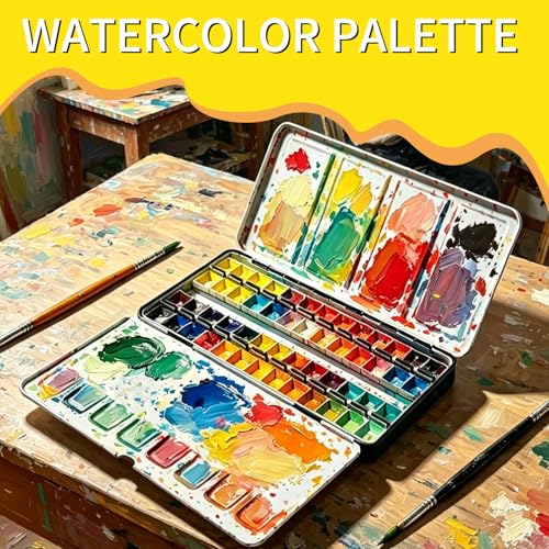 Black Watercolor Palette Tin,52 Detachable Half Pans w/Lid Brush