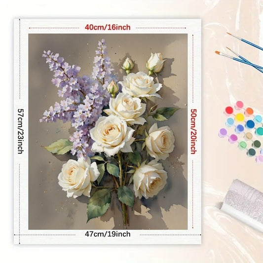 Floral Still Life Paint by Numbers Kit for Adults - DIY White Roses and Lilacs Bouquet Painting on Canvas 16x20 Inches, Acrylic Paint Set, Suitable for Beginners,Botanical Art for Decoration - color: FM05147, size: 40×50cm Unframed