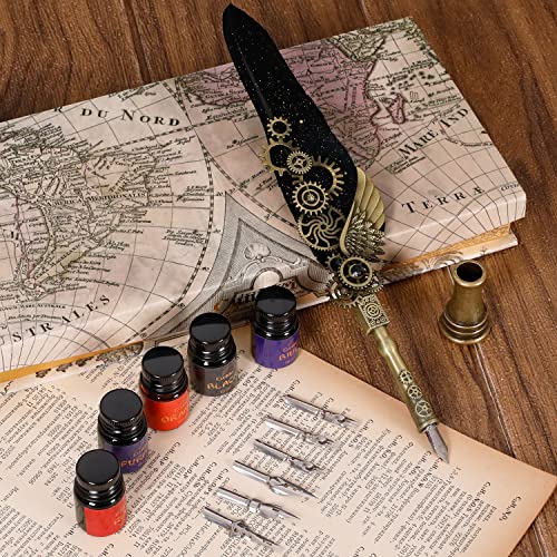 Vintage Punk Quill Pen Ink Set-Mechanical Quill Pen,5 Color Ink Calligraphy Pen Ink Set,6 Replaceable Dip Pen Nibs-Basic Calligraphy Kit-for Beginners and Calligraphy Lovers (Black) - color: Black