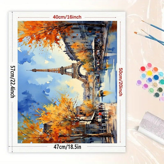 Autumn in Paris Paint by Numbers Kit for Adults - DIY Eiffel Tower with Fall Trees and Street Scene Painting on Canvas 16x20 Inches, Acrylic Paint Set for Beginners, Art for Home Decoration or Gifts - color: HSX01540, size: 16X20IN Folded