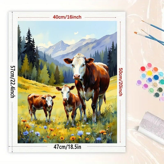 Farm Animal Paint by Numbers Kit for Adults - DIY Cow Family in Mountain Field with Wildflowers Painting on Canvas 16x20In, Acrylic Paint Set, Suitable for Beginners, Art for Home Decoration or Gifts - color: HSX01598, size: 16X20IN Folded