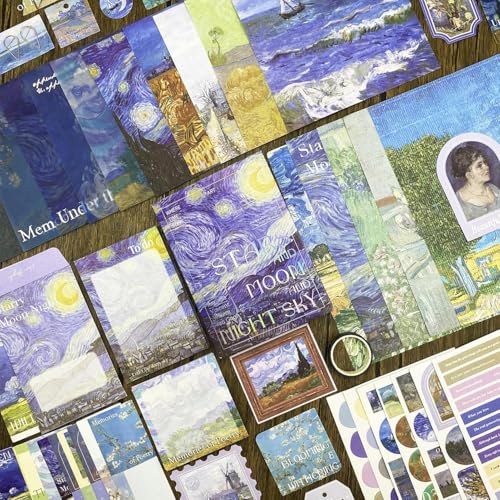 ATIRAMANIYA 346pcs Vintage Scrapbook Kit Aesthetic Junk Journal Set with Stickers, Washi Tape, A6 Notebook & Decorative Paper, All-in-One Scrapbook Kit Stationery (The Starry Night) - color: The Starry Night