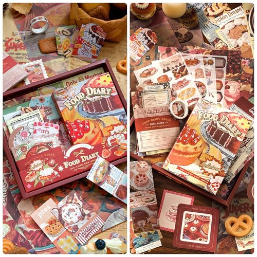 Scrapbooking Supplies Kit, Vintage Junk Journal Supplies,Cute Scrapbook Kit | Stationary Set with Aesthetic Ephemera Sticker, Bullet Journaling Kit, Collage Craft Supplies Gift for Adult Women Starter - color: Food Diary