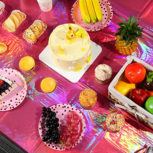 4 Pack Hot Pink Iridescent Plastic Tablecloths Shiny Disposable Laser Rectangle Table Covers Holographic Foil Tablecloth Iridescent Party Decorations Birthday Bridal Wedding Christmas, 54 x 108 Inch - color: Hot Pink