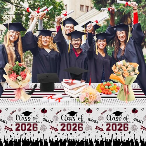 Graduation Decorations Class of 2026 Tablecloth - 3 Pcs Plastic Congrats Grad Table Cloth, Graduations Table Cover for Graduation Party Decorations 2026 and Party Supplies, 54"x108" (Maroon and Black) - color: Marron and Black