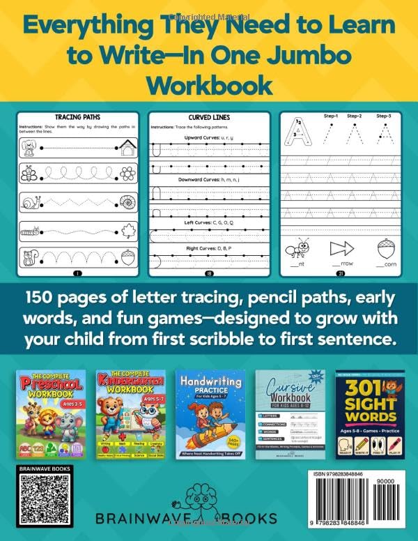 Trace and Write Jumbo Learn-to-Write Workbook for Ages 3–5: 150 Pages of Pre-Writing Paths, Letter Tracing A–Z, First Words, and 30+ Fun ... Practice for Preschool, Pre-K & Kindergarten