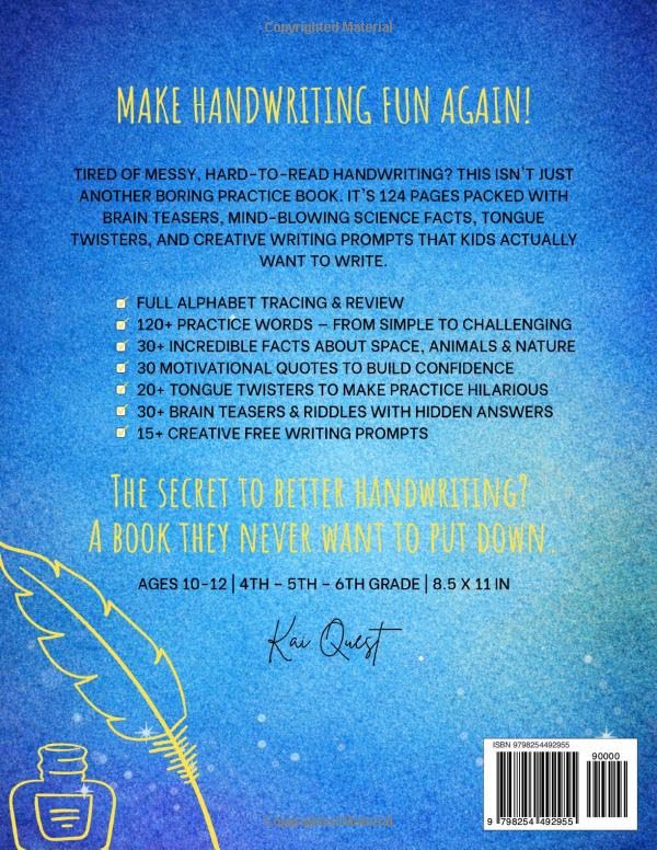 Handwriting Books for Kids Ages 10-12: Penmanship Practice Workbook with Writing Prompts, Brain Teasers, Facts & Tongue Twisters for 4th, 5th & 6th Grade