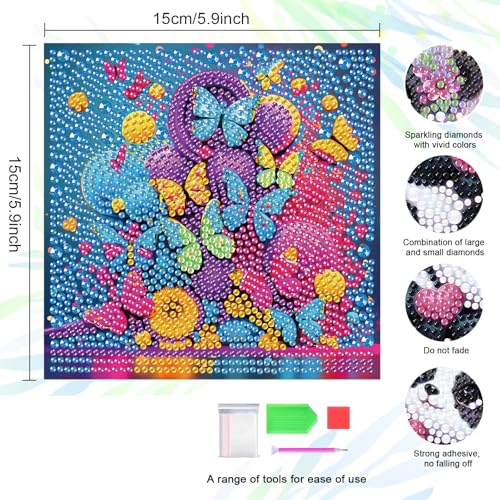 FLAJZ 4 Pack Diamond Art Kits for Kids, 5D Cartoon Cute Animals Dimond Art Kits, Diamond Painting Kits for Kids Beginners, DIY Full Drill Round Mosaic Gem Art Kits for Home Wall Decor 6x6 Inch - color: Butterflies