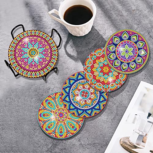 Vcekract 6 Pcs Mandala Diamond Art Coasters Kit for Adults | Diamond Painting Coasters with Holder & Protective Backing, Diamond Art Adult Crafts for Table Home Decoration - color: Mandala Coasters