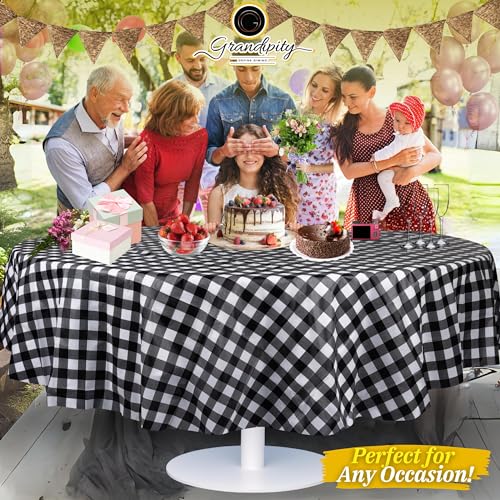 Plastic Table Cloth Disposable 12 Pack 84" Round Gingham | Plastic table covers, durable disposable tablecloths, fade and tear-resistent table cover for party, event - color: Black Gingham, size: 84in. Round