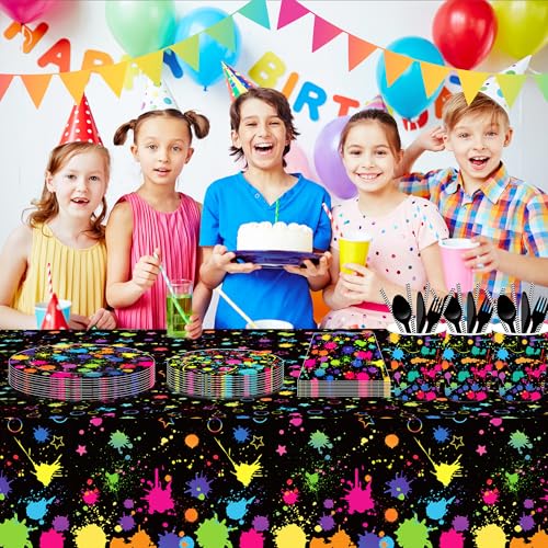 Adirasenotek 3Pcs Art Paint Party Tablecloth Birthday Tablecloth Plastic Table Cloth Disposable Table Cover for Art Party Decorations Neon Glow Black Light Birthday Baby Shower Supplies