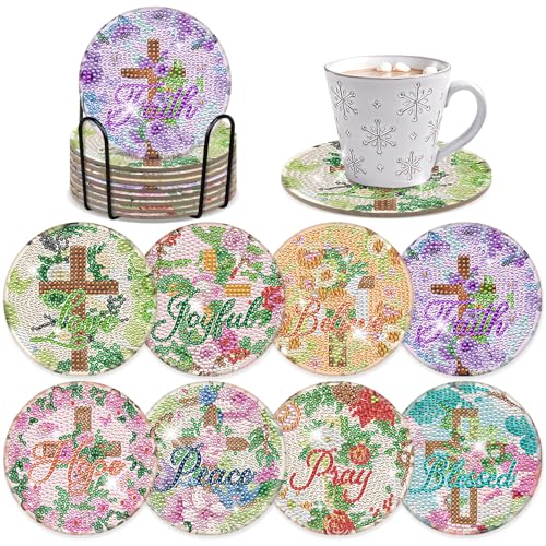 Diamond Painting Art Coaster Kit - 8 PCS Cross Christian Diamond Art Coaster Set With Bible Verse Religious Gem Art Coaster Non Slip Diamond Painting Kits Inspirational Gift for Adults Beginners Xmas - color: Christian01