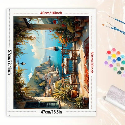 Coastal Scene Paint by Numbers Kit for Adults - DIY Mediterranean Balcony with Sailboats and Flowers Painting on Canvas 16x20In, Acrylic Paint Set for Beginners, Art for Home Decoration or Gifts - color: HSX01857, size: 16X20IN Folded