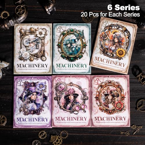 120Pcs Steampunk PET Stickers, Scrapbook Stickers Kit for Journaling, Ephemera Packs for Junk Journals, with Sticker Organizer - color: Mechanical Experiment