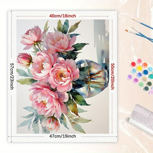 Peony Bloom Paint by Numbers Kit for Adults - DIY Pink Flowers in Glass Vase and Petals Falling Painting on Canvas 16x20 Inches, Acrylic Paint Set for Beginners, Art for Home Decoration Gift - color: FM03921, size: 40×50cm Unframed