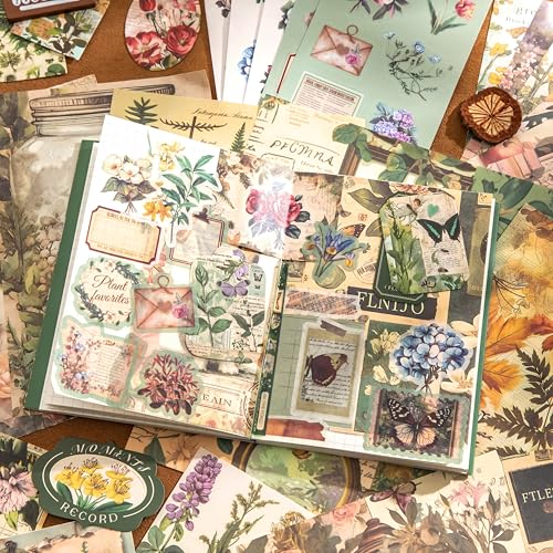 Scrapbooking Supplies Kit, Vintage Botanical Aesthetic Scrapbook Kit for Bullet Junk Journal, Stationery, A6 Grid Notebook, Flower DIY Journaling Supplies, Birthday Craft Gift for Women Craft Lover - color: Botanical II
