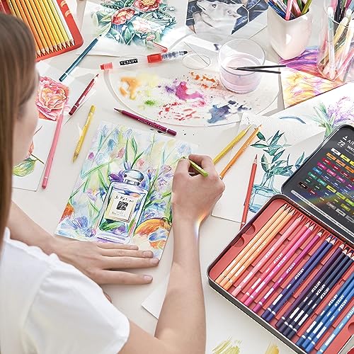 ARTEZA Watercolor Pencils, Set of 72, Water-Soluble Colored Pencils with 4 mm Break-Resistant Core, Pre-Sharpened Tips and Metal Tin for Drawing, Shading, Blending, and Wet or Dry Techniques
