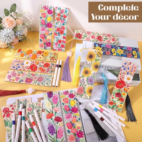 Reallnaive 42 Pcs Wooden Flower Bookmarks DIY Painting Set Includes 15 Unfinished Blank Bookmarks 15 Tassels 12 Markers for Flower Gift Arts Craft Party for Adults Hobby - style: Flower
