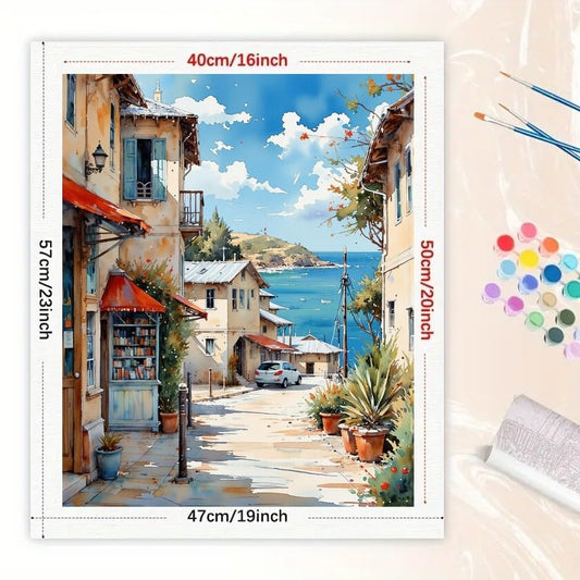 Coastal Town Paint by Numbers Kit for Adults - DIY Seaside Village Street Painting on Canvas 16x20 Inches, Acrylic Paint Set, Suitable for Beginners, Art for Home Decoration or Gifts - color: HSX00598, size: 16X20IN Folded