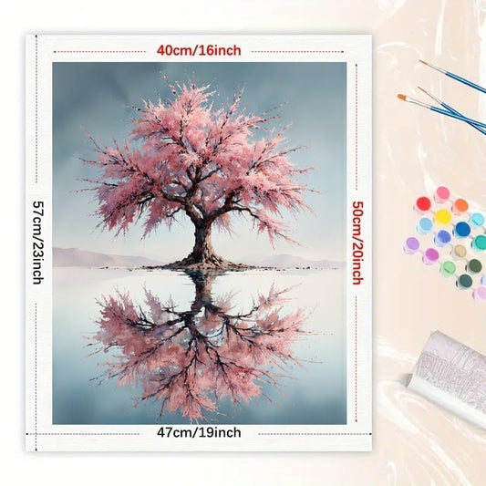 Tree Paint by Numbers Kit for Adults - DIY Pink Cherry Blossom Tree with Water Reflection Painting on Canvas 16x20 Inches, Acrylic Paint Set, Suitable for Beginners, Art for Home Decoration/Gifts - color: HSX00874, size: 16X20IN Folded