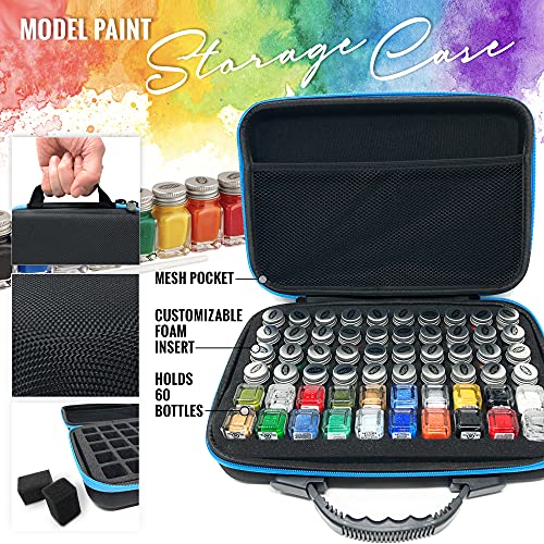 Pixiss Model Paint Storage Case for Testors Paints, 60-Bottle Portable Hobby Paint Organizer with Foam Insert & 6 Fine Detail Miniature Brushes, Paint Not Included - size: 60 Slots