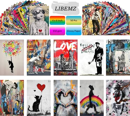 Libemz, 50 Pcs Bansky Aesthetic Wall Collage Kit - 4x6 inches - Graffiti Indie Hippie Trippy Colorful Wall Collage Kit for Teen Girls Boys Men Guy Room Bedroom Dorm Decor, Posters for Room Aesthetic, Teen Room Decor, Banksy Pop Art Decor (Bansky) - color: