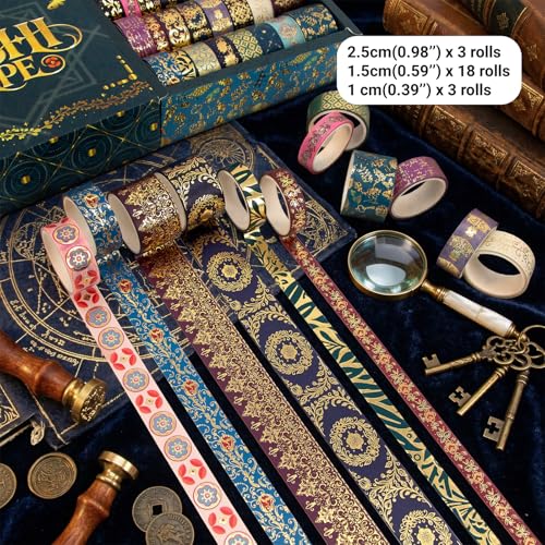 Gold Foil Washi Tape Set — 24 Rolls Vintage Dark Academia Aesthetic, Baroque Gothic Jewel Tone Decorative Tape for Junk Journal Supplies, Scrapbook, Planner — Gift Box (3 Sizes)