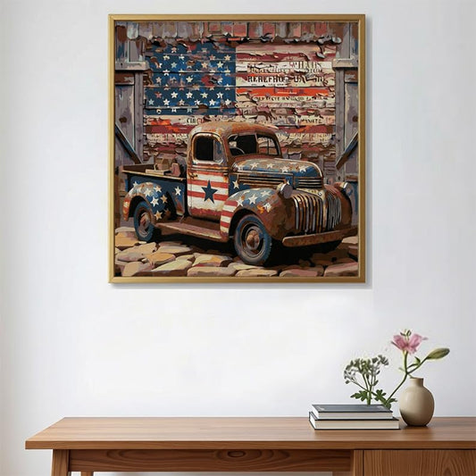 ALEXMACLIST Vintage Patriotic Truck Diamond Painting Kit for Adult 14x14 - color: Truck with USA glag