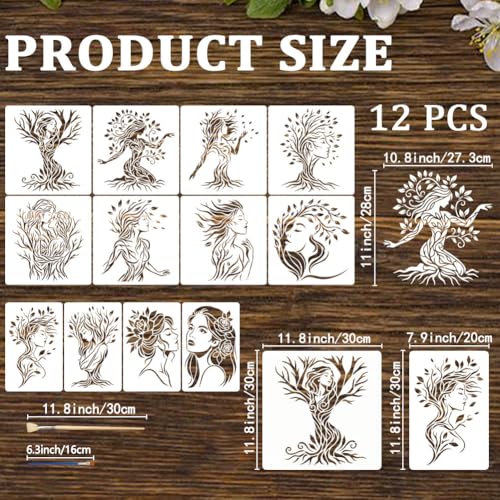 12pcs Tree of Life Stencils for Painting Woman Drawing Stencils for Crafts Reusable Large Trees Branches Leaves Templates with Brushes Painting on Wood Wall Glass Furniture DIY Scrapbook - style: Tree of Life