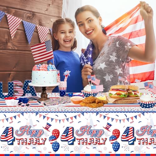 2 Pack Happy 4th of July Tablecloth Decorations - Fourth of July Table Cloth, Plastic Disposable Rectangle Table Cover for Patriotic Independence day Tables Decor Party Supplies Favors,108 x 54 Inch - color: Red Blue and White