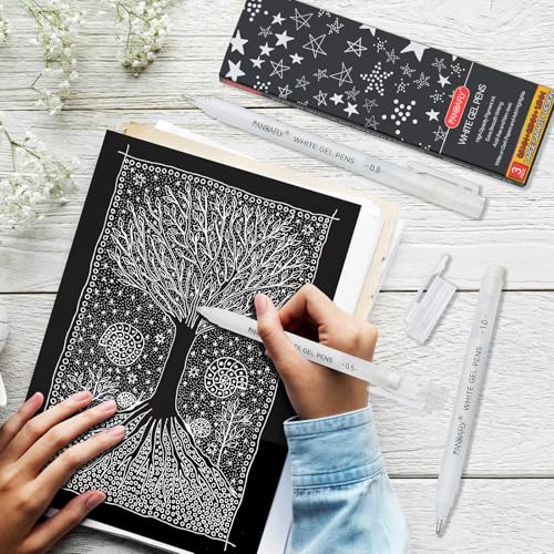PANDAFLY White Gel Pens, 3-Pack, 0.5/0.8/1.0mm Assorted Tip | Opaque White Archival Ink Pens for Highlights, Black Paper Drawing, Sketching, Illustration, Card Making, Bullet Journaling - style: White-0.5+0.8+1.0mm