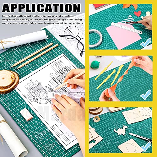 3Pcs A3 A4 A5 PVC Self Healing Cutting Mat with Precision Carving Knife, 5-Ply Double Sided Non-Slip Cutting Board Mat with Grid for Crafts Sewing Quilting Fabric(Green)