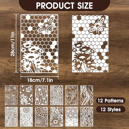 12Pcs Mixed Stencils for Painting, Art Stencils for Crafts Reusable, Wood Grains Flower Texture Templates Spider Web Layering Spray Paint Stencils Kit on Wall Canvas Cake Card DIY (11×7'') - size: 1.0