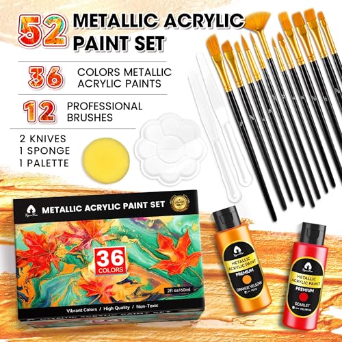 52 Pcs Acrylic Paint Set, 36 Metallic Colors Rich Pigments, 2oz/60ml Bottle - color: Metallic, size: 2 Fl Oz (Pack of 36)