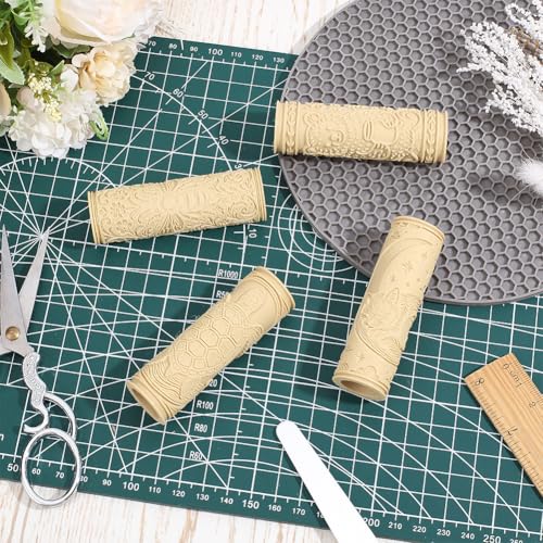 CRAFTYMELODY 4Pcs Clay Texture Roller 4 Styles Plastic Column Pottery Tools Rolling Pins Stamps Bee Turtle Bear Fox Texture Roller for Handmade Making Crafting Art DIY Projects Home Accessories