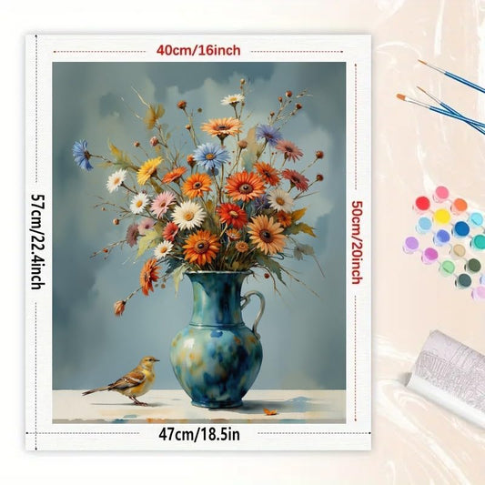 Bird and Vase Paint by Numbers Kit for Adults - DIY Bird with Orange and White Flowers Painting on Canvas 16x20 Inches, Acrylic Paint Set, Suitable for Beginners, Art for Home Decoration or Gifts - color: HSX01284, size: 16X20IN Folded