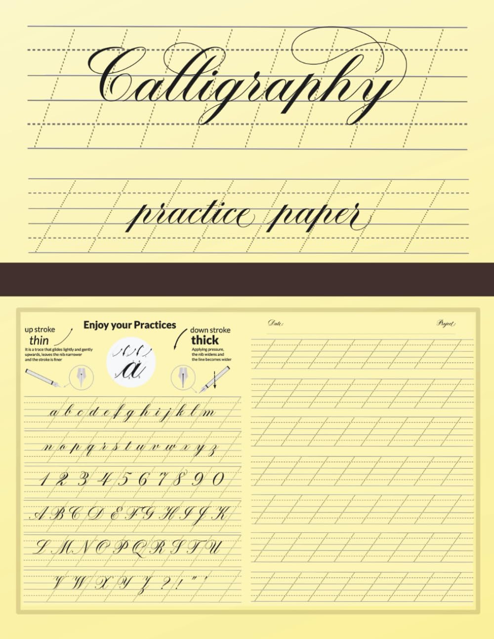 Calligraphy practice paper: Modern hand lettering 55 degree slant angle lined guides writing paper, practice sheets for beginners | slanted paper with clear design and basic sample alphabet