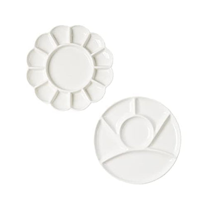 Set of 2 Ceramic Artist Paint Pallet,Tray,Palette,Easy to Clean Porcelain Mixing Tray for Watercolor Gouache Painting,White, 8 inch,Round, (LS007)