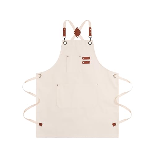 Chef Aprons for Men Canvas Apron with Large Pockets and Adjustable Neck Strap for Cooking,BBQ, Gardening - color: Cream